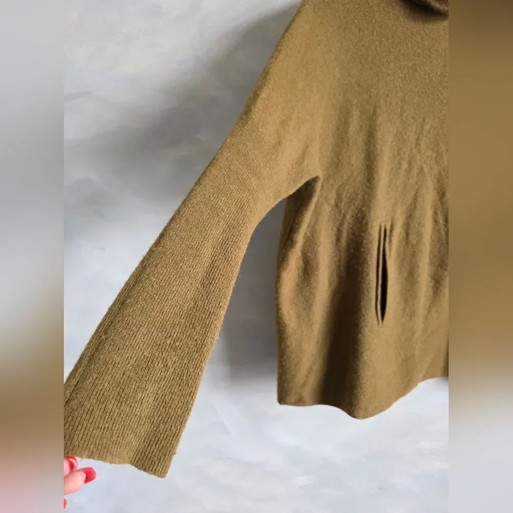 Garnet Hill Olive Color Turtleneck Sweater Wool Cashmere blend Kangaroo Pkt XL